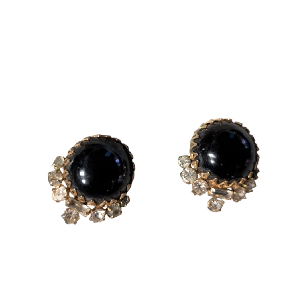 Vintage Signed Alva Black Glass Clip Earrings With Rhinestones